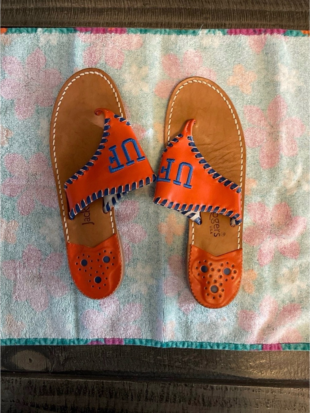 Jack Rogers UF Orange Leather Slide Sandals with Blue Stitching